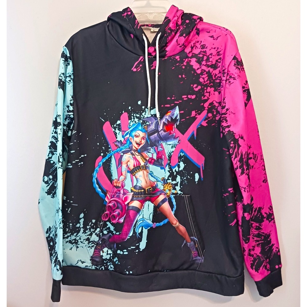 Jinx Unisex Pullover Hoodie Black/Pink/Blue‎ Fleece Graphic Print Size L